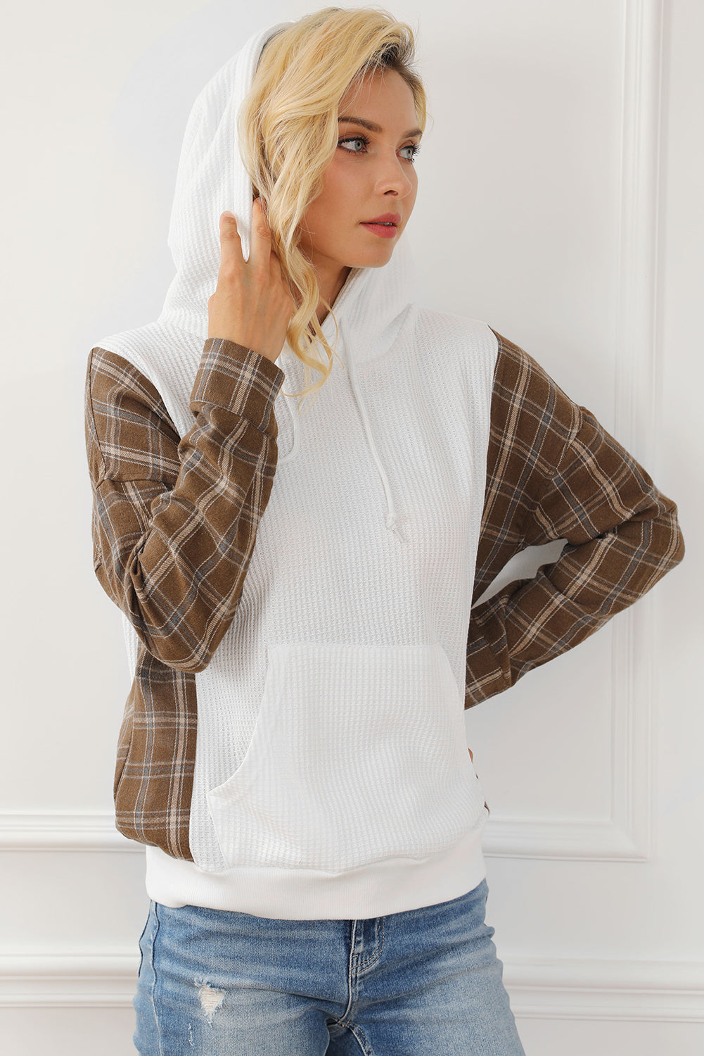 Plaid_Waffle-Knit_Drawstring_Kangaroo_Pocket_Hoodie | hoodie kangaroo​