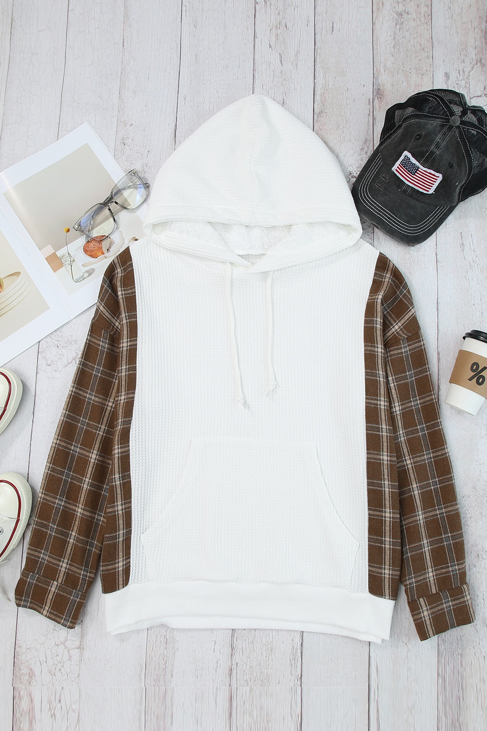 Plaid_Waffle-Knit_Drawstring_Kangaroo_Pocket_Hoodie | kangaroo pocket hoodie women's