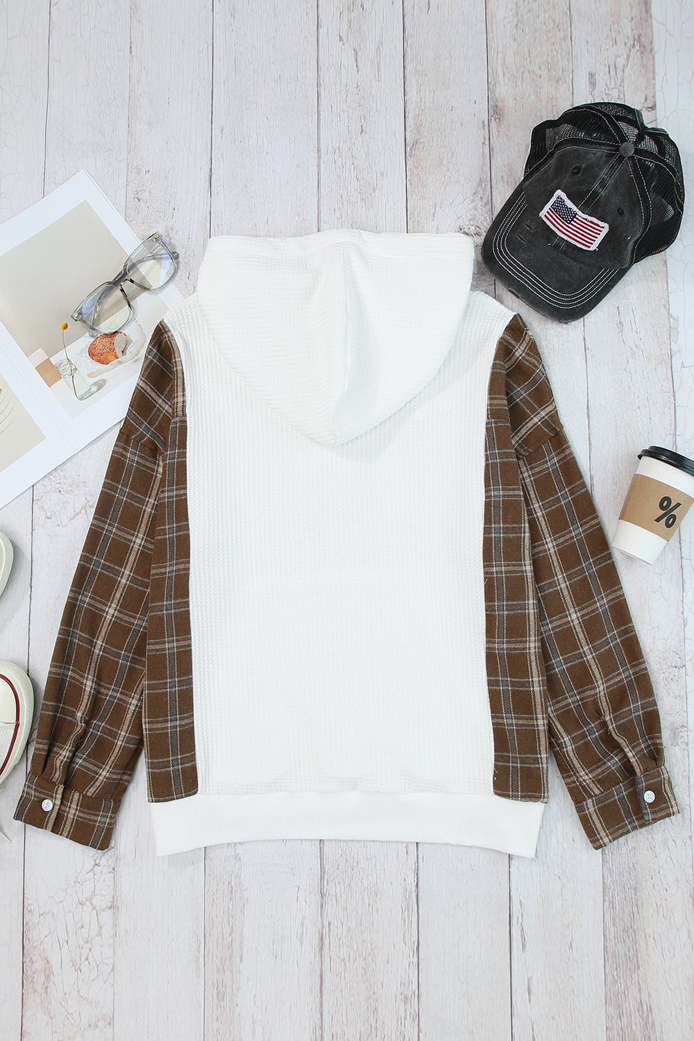 Plaid_Waffle-Knit_Drawstring_Kangaroo_Pocket_Hoodie | kangaroo sweatshirt​