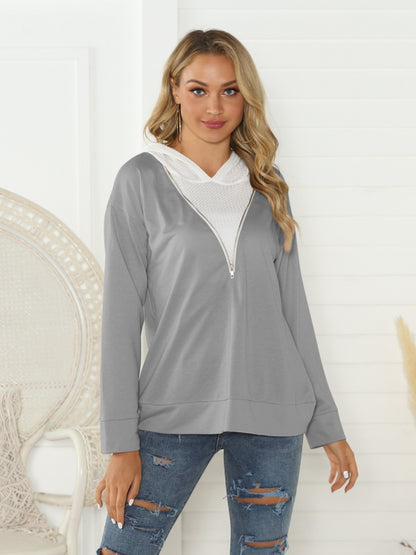 Shiny_Contrast_Zip_Detail_Hoodie | ladies quarter zip sweatshirt