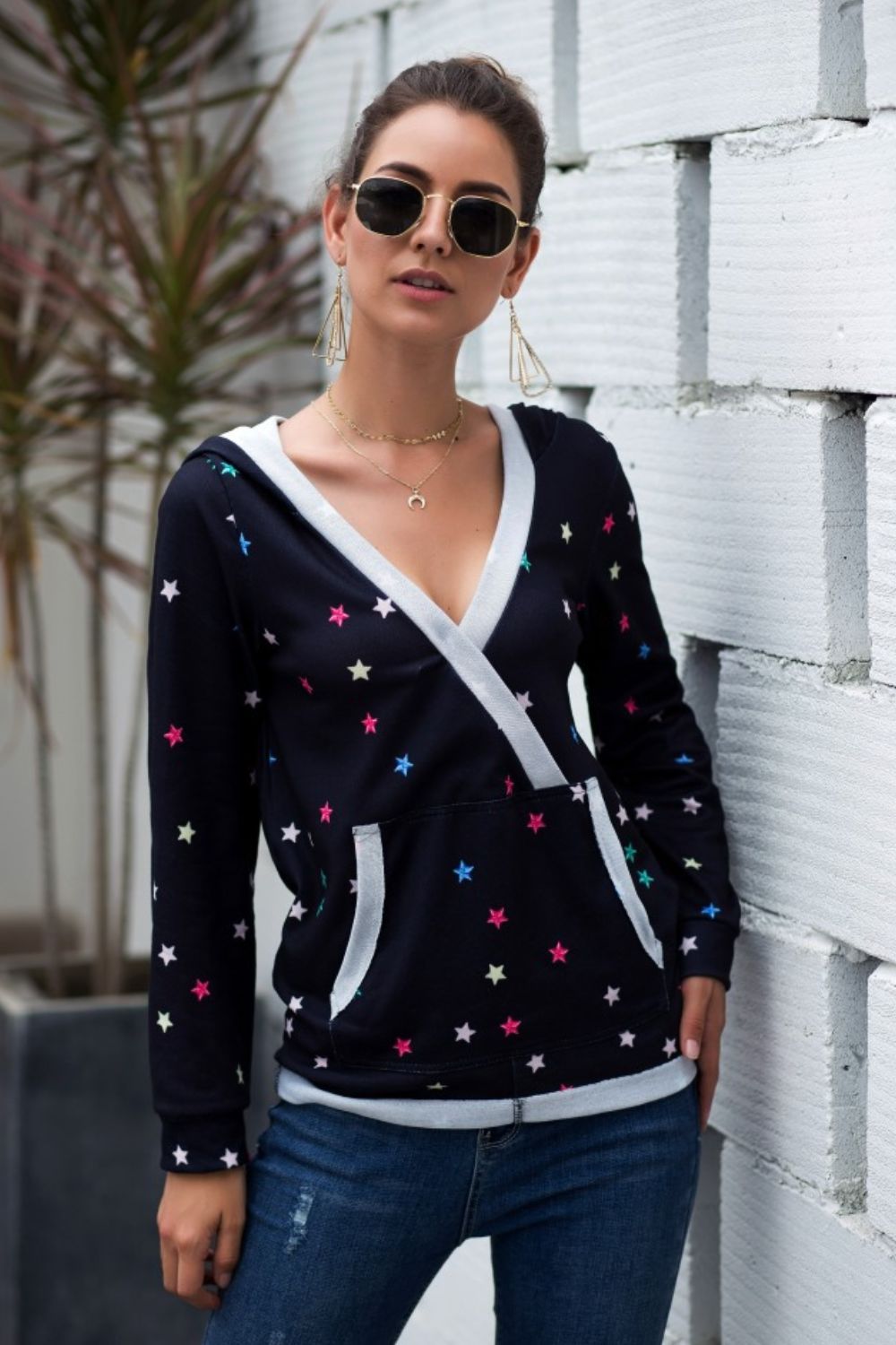 Star Print Kangaroo Pocket Hoodie | kangaroo pockets​