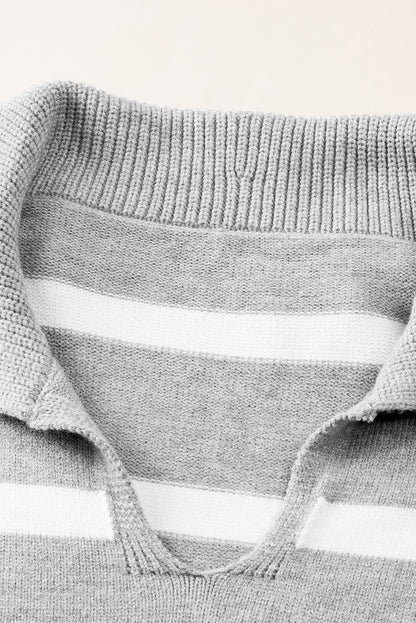 Striped Collared Neck Slit Sweater