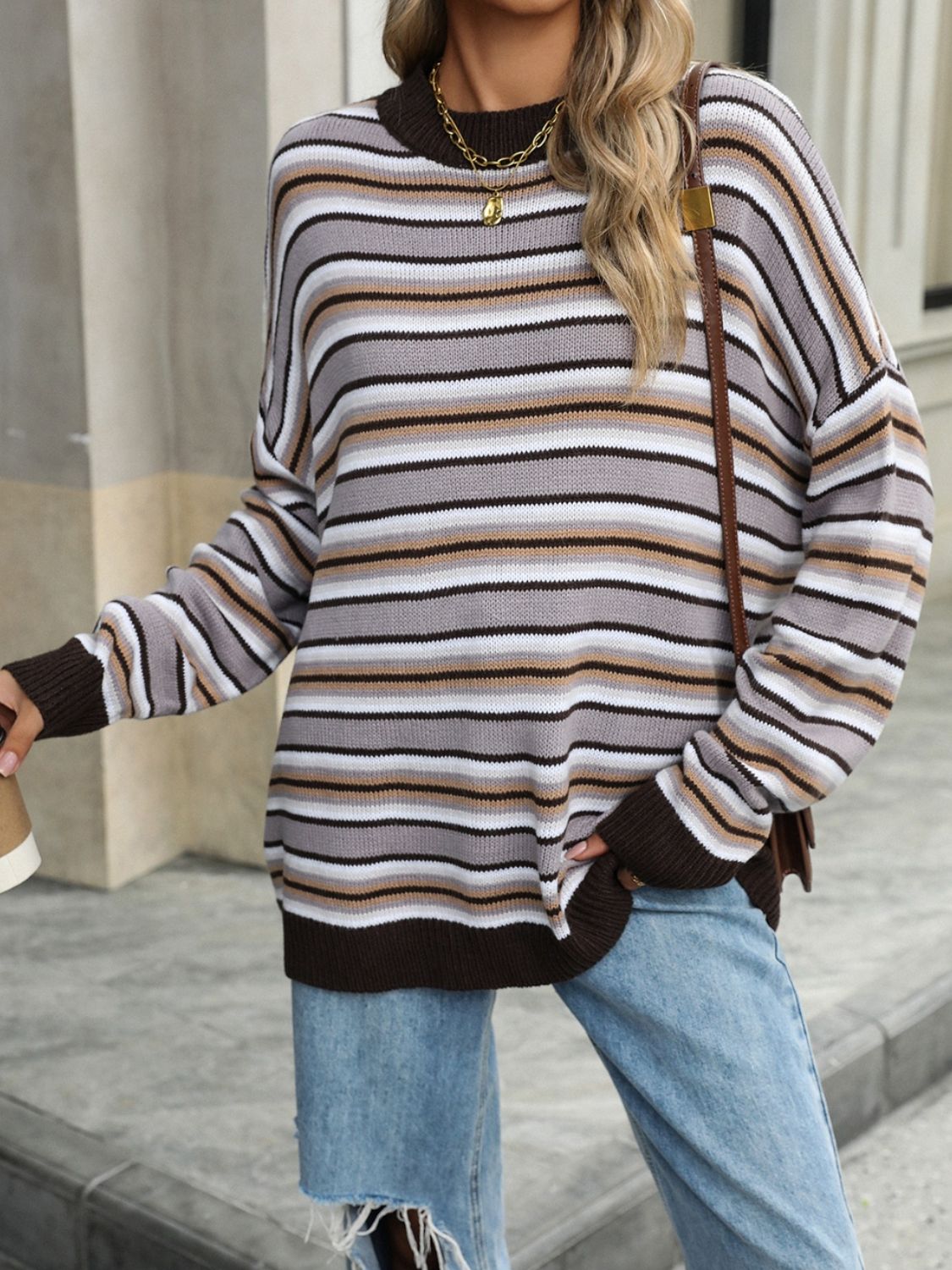 Striped Mock Neck Long Sleeve Sweater