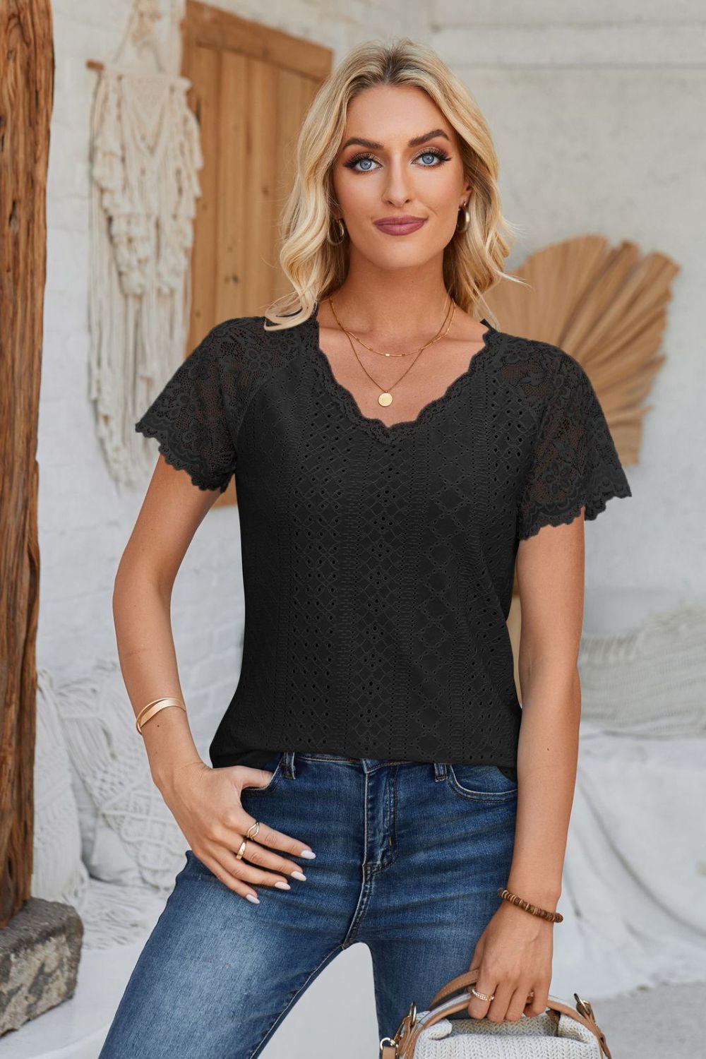 Eyelet V-Neck Lace Short Sleeve T-Shirt