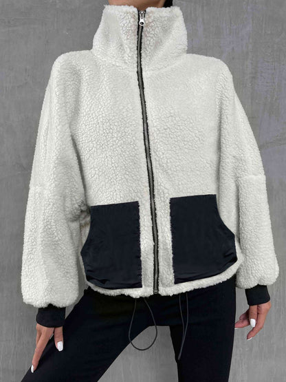 Contrast Drawstring Collared Neck Jacket