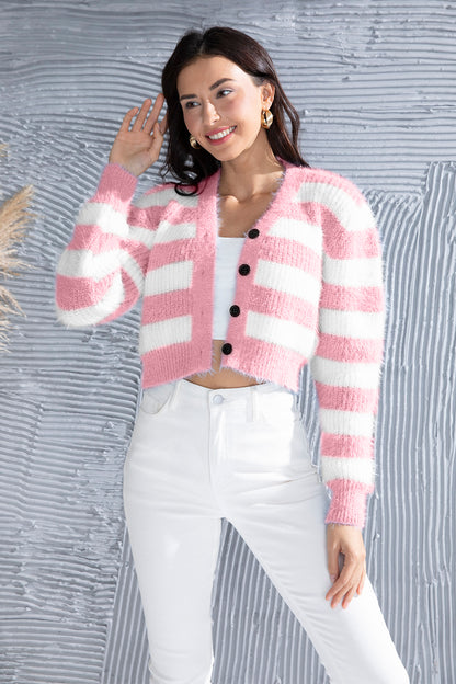 Striped Button Up Cropped Cardigan