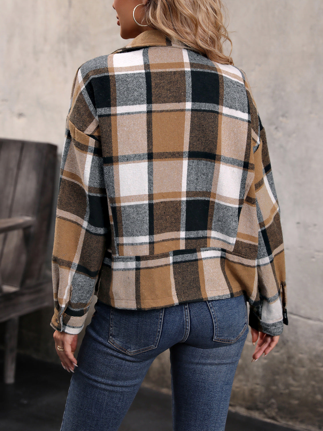 Perfee Plaid Collared Neck Long Sleeve Jacket