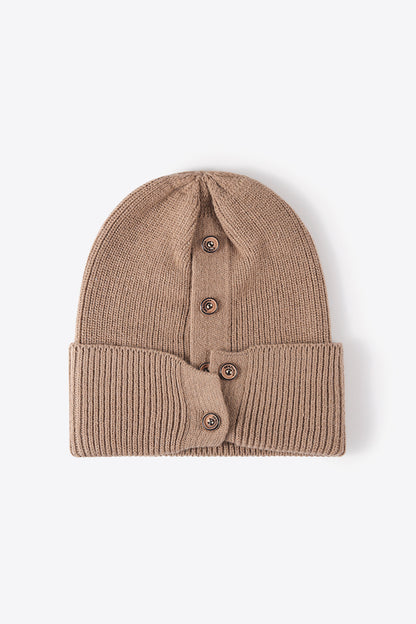 Button Detail Rib-Knit Cuff Beanie