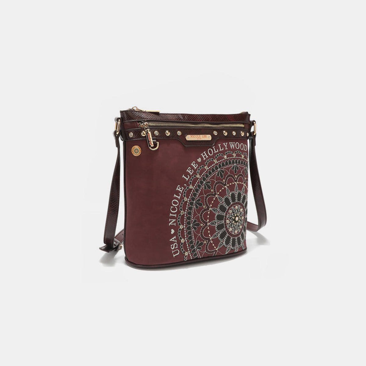 Nicole Lee USA Metallic Stitching Embroidery Inlaid Rhinestone Crossbody Bag