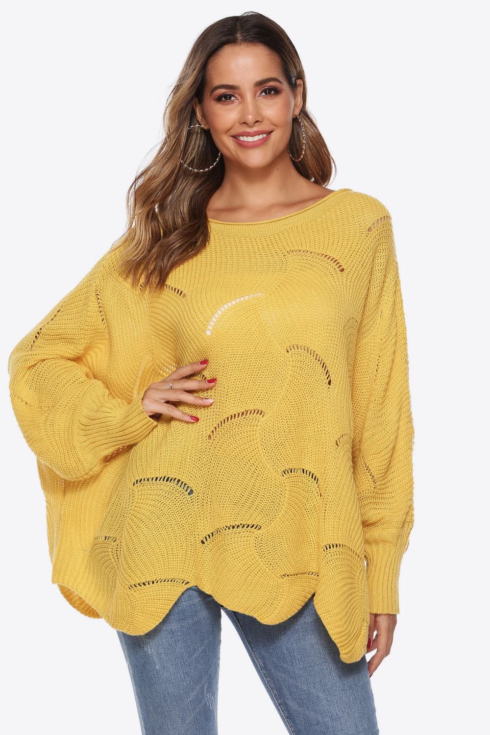 Round Neck Long Sleeve Openwork Sweater