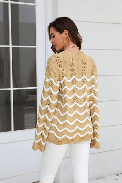 Angel Wings Wave Pattern Round Neck Long Sleeve Sweater