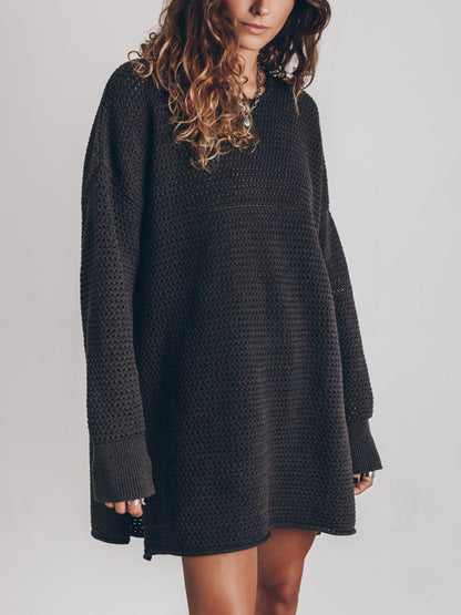 Openwork Round Neck Long Sleeve Slit Sweater