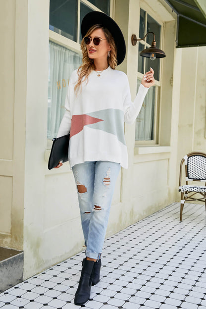 Woven Right Color Block Round Neck Side Slit Sweater