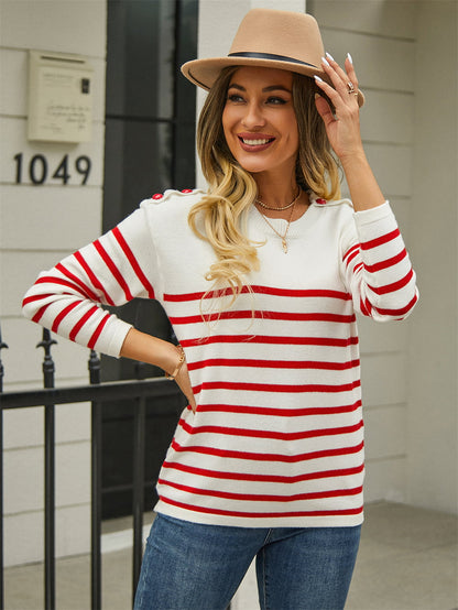 Angel Wings Round Neck Shoulder Button Striped Pullover Sweater