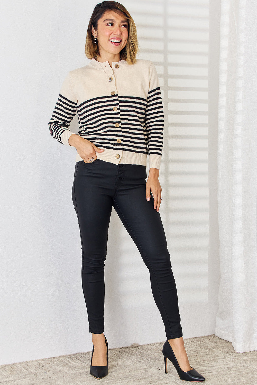 Striped Button Up Long Sleeve Cardigan